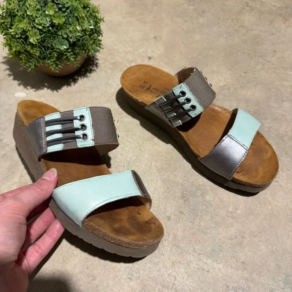 Naot Lena Two Strap Leather Slip On Slide Sandals Size 6 Teal Blue Green Spring - Picture 3 of 6